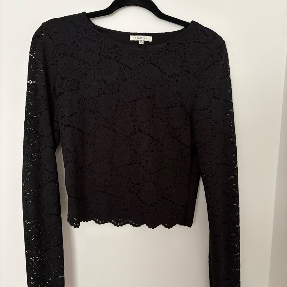 Z Supply Black Floral Lace Long Sleeve Crop Top - Scalloped Hem